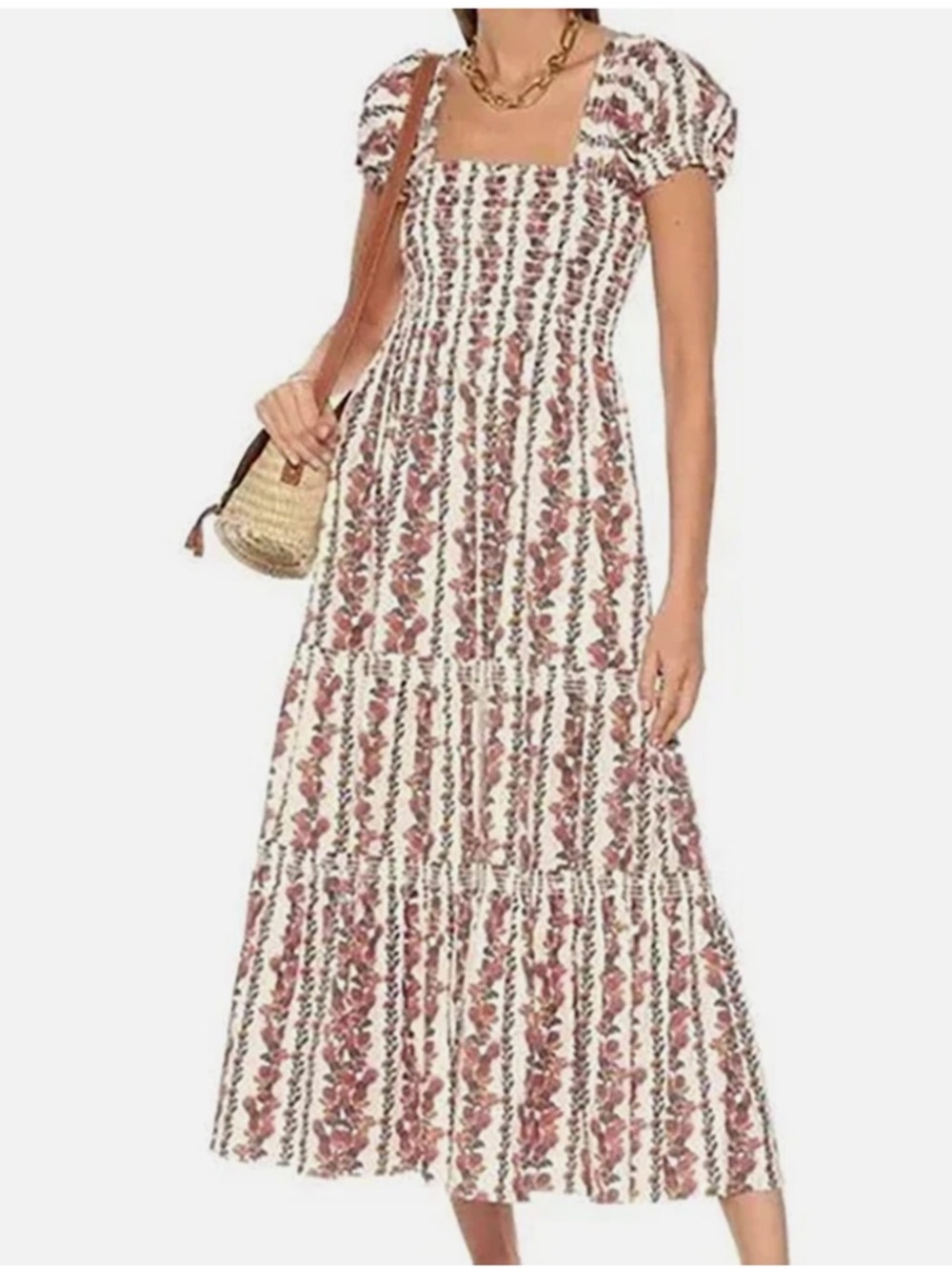 Tory Burch Cream Maxi Dress with Red Floral Print and pockets size XS